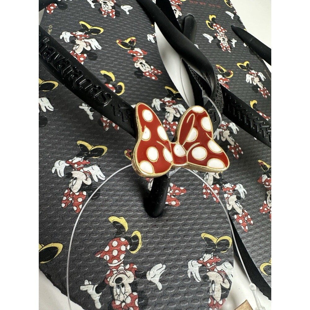 Havaianas Minnie Mouse Flip Flops Women’s 9/10 Metal Bow Charms Black Disney NWT - Picture 3 of 5